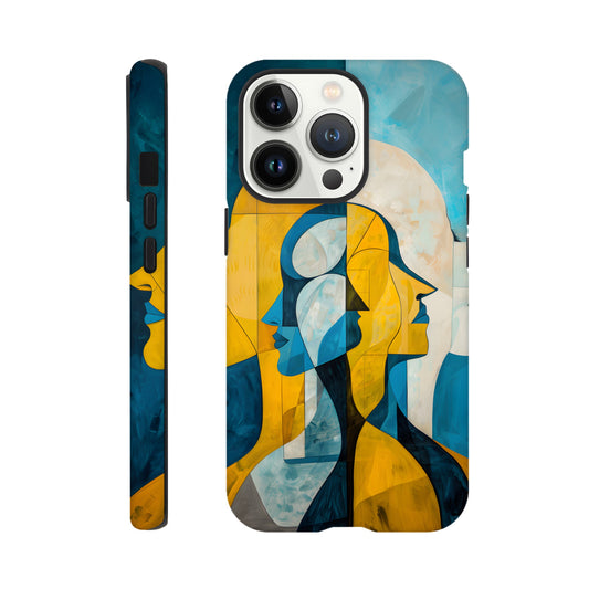 An Apple iPhone 13 Pro Phone Case with the following design on it - the Gemini Astrological sign depicting twins facing away from one another, the twins are of no specific sexual or ethnic orientation, yellow, baby blue, white, cubism