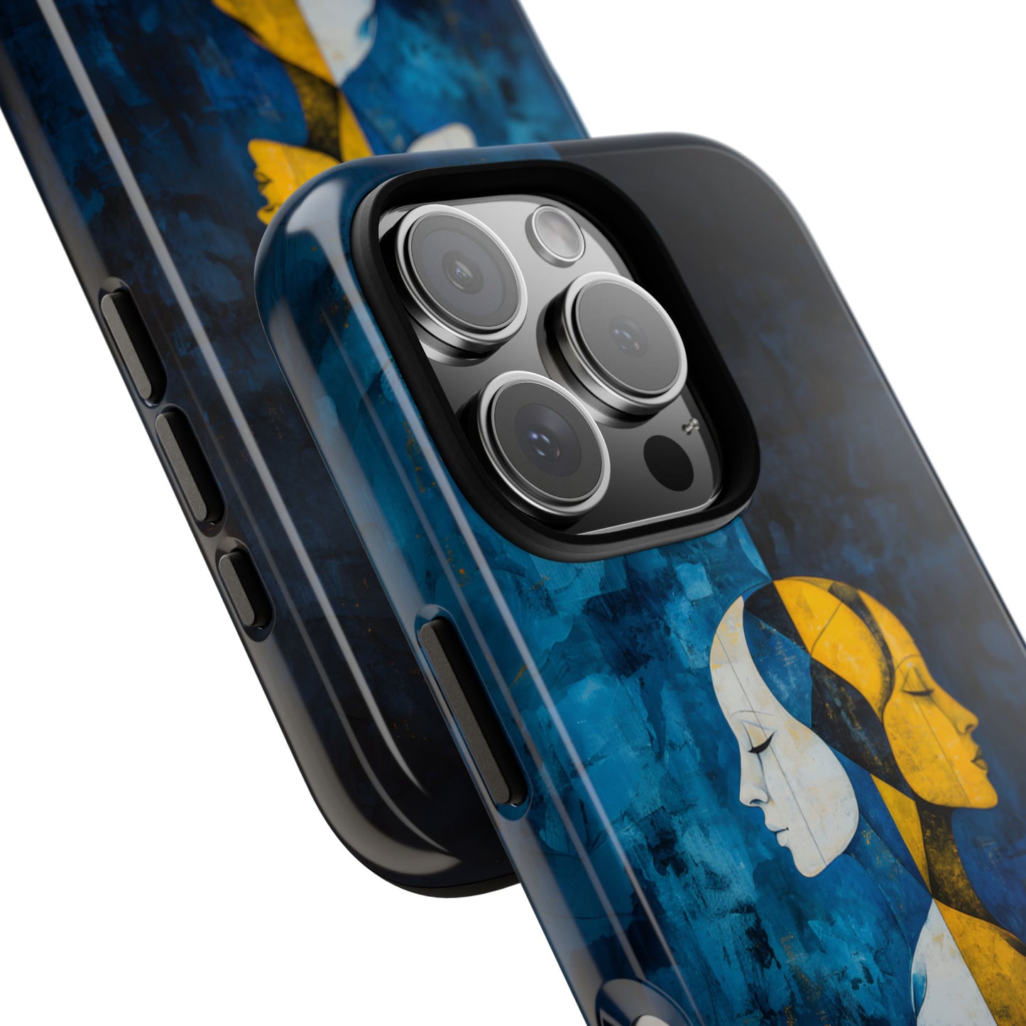 Gemini zodiac phone case featuring stylized twin figures rendered in gold and ivory against a richly textured midnight blue background, symbolizing the dual nature of Gemini.