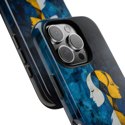 Gemini zodiac phone case featuring stylized twin figures rendered in gold and ivory against a richly textured midnight blue background, symbolizing the dual nature of Gemini.