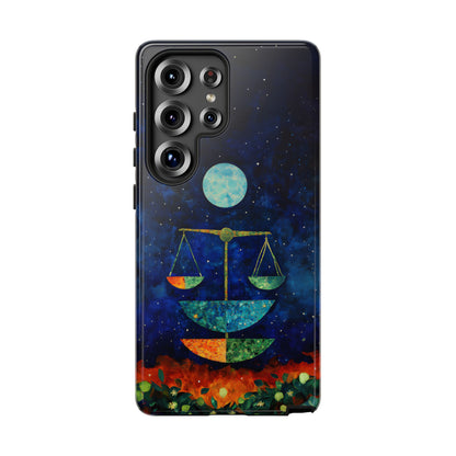 Libra zodiac phone case featuring elegant celestial scales beneath a glowing moon in a star-filled night sky, capturing the balanced and harmonious spirit of Libra.