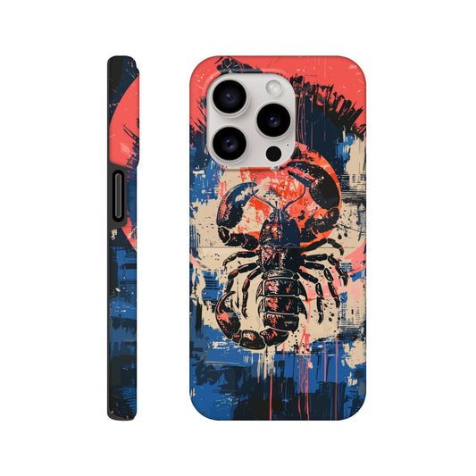 An Apple iPhone 15 Pro Phone Case with the following design on it : A painting of a Scorpio with red accents, the Scorpio is the symbol for the astrological sign Scorpio, the Scorpio is positioned in the center against abstract blue and white brushstrokes, within a pink circle. The artwork has a splattered, chaotic background.