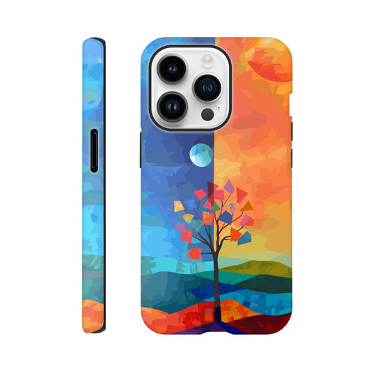 An Apple iPhone 14 Pro Phone Case with the following design on it - A landscape with two distinct color blocks representing day and night, featuring the sun on one side and the moonlight on the other, with a tree in between, depicted as geometric shapes and colors in the style of abstract art, with vibrant and contrasting colors, a modern digital painting