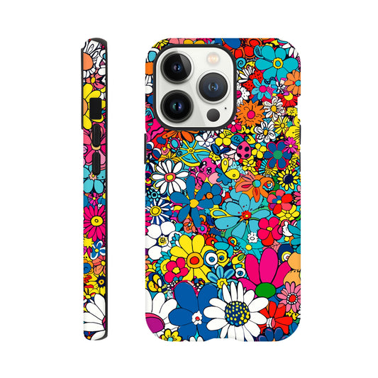An Apple iPhone 13 Pro Phone Case with the following design on it : Lots of retro looking flowers of multiple colors with no discernible arrangement against a white background. 