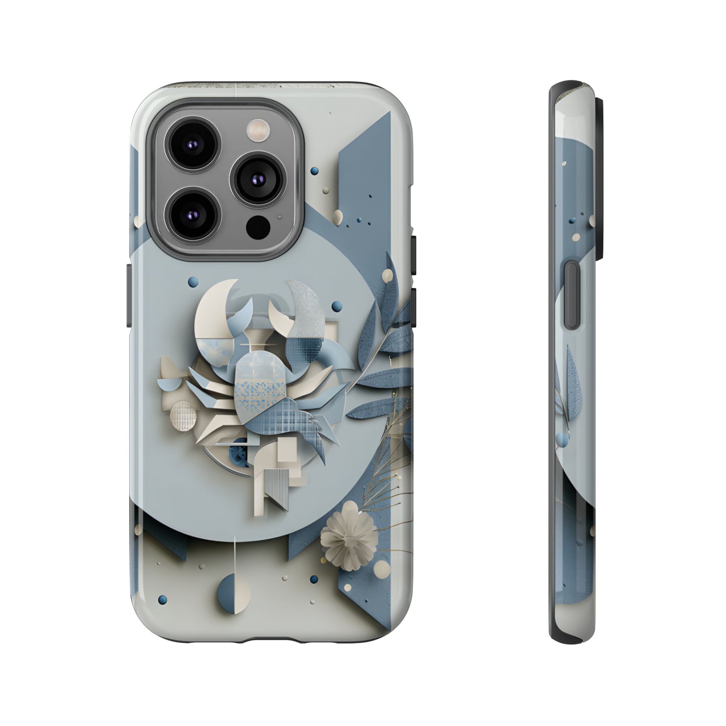 Cancer zodiac phone case featuring a stylized crab design, layered blue-gray artwork, and elegant geometric details on a protective glossy phone case.