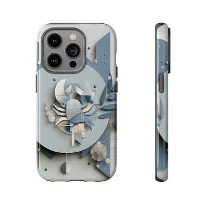 Cancer zodiac phone case featuring a stylized crab design, layered blue-gray artwork, and elegant geometric details on a protective glossy phone case.