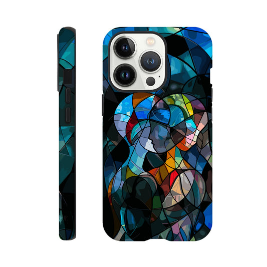 An Apple iPhone 13 Pro Phone Case with the following design: stained glass window of two people hugging, in the style of cubism, abstract shapes and lines, vibrant colors, dark background, hyper realistic 