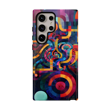 Abstract Portal phone case featuring colorful interwoven curves, concentric circles, and vibrant geometric artwork in blue, purple, orange, pink, and teal.