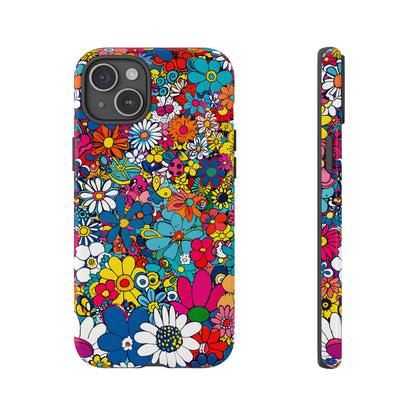 Retro Flowers phone case featuring a vibrant collage of colorful floral illustrations in a playful vintage-inspired design, celebrating creativity, joy, and timeless flower power style.