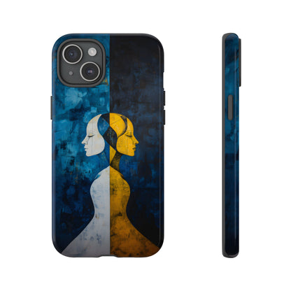 Gemini zodiac phone case featuring stylized twin figures rendered in gold and ivory against a richly textured midnight blue background, symbolizing the dual nature of Gemini.
