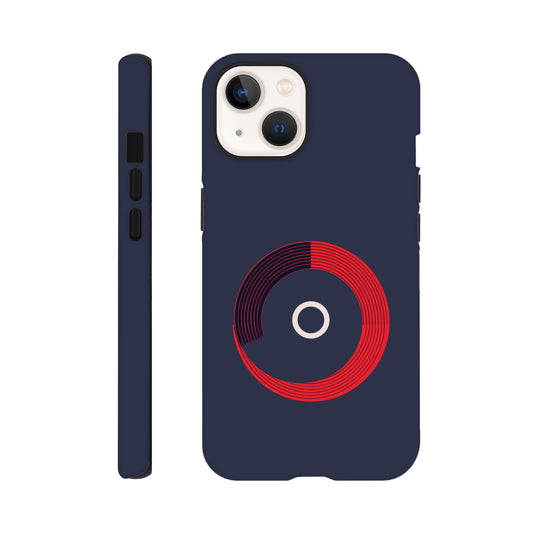 An Apple iPhone 13 Phone Case with the following design on it: a red circle with black curved lines in the circle that make it look like bleachers from above on a navy blue background, there is a white letter circle in the center, a sleek and modern appearance, subtle gradients for depth effect