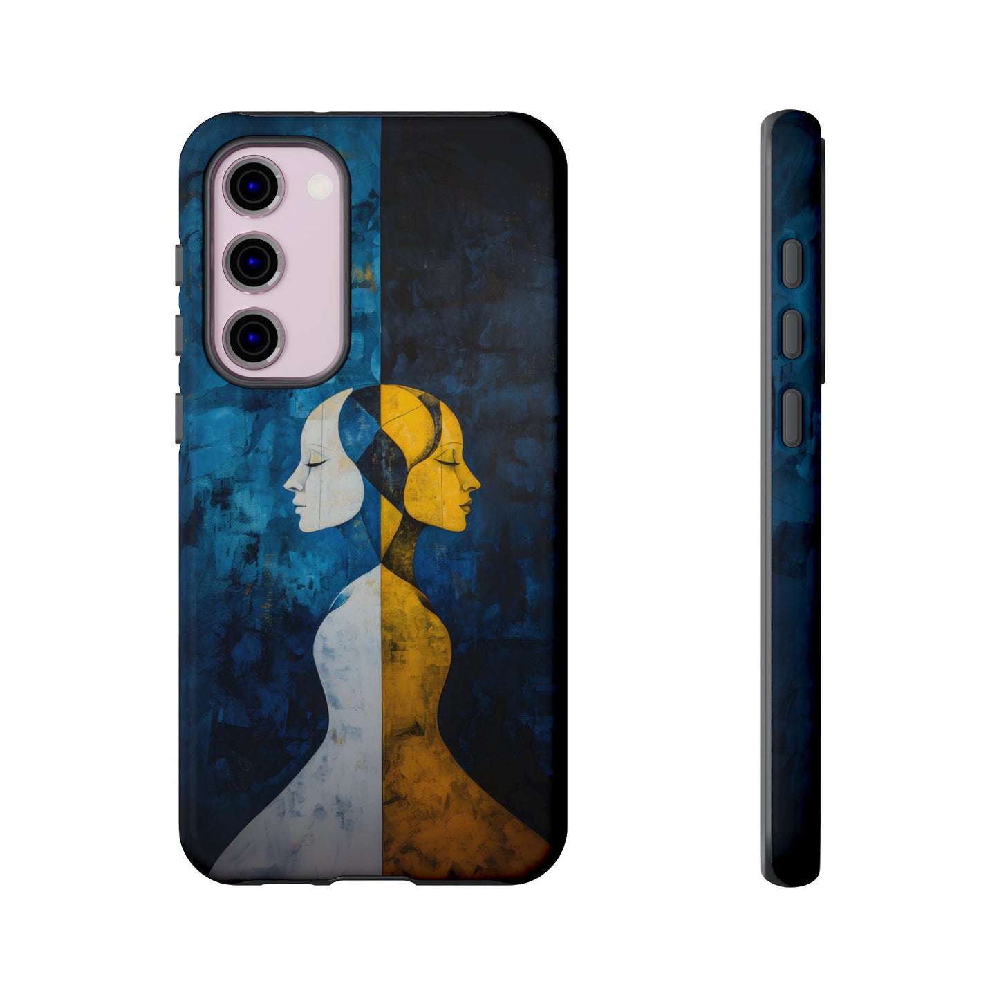 Gemini zodiac phone case featuring stylized twin figures rendered in gold and ivory against a richly textured midnight blue background, symbolizing the dual nature of Gemini.