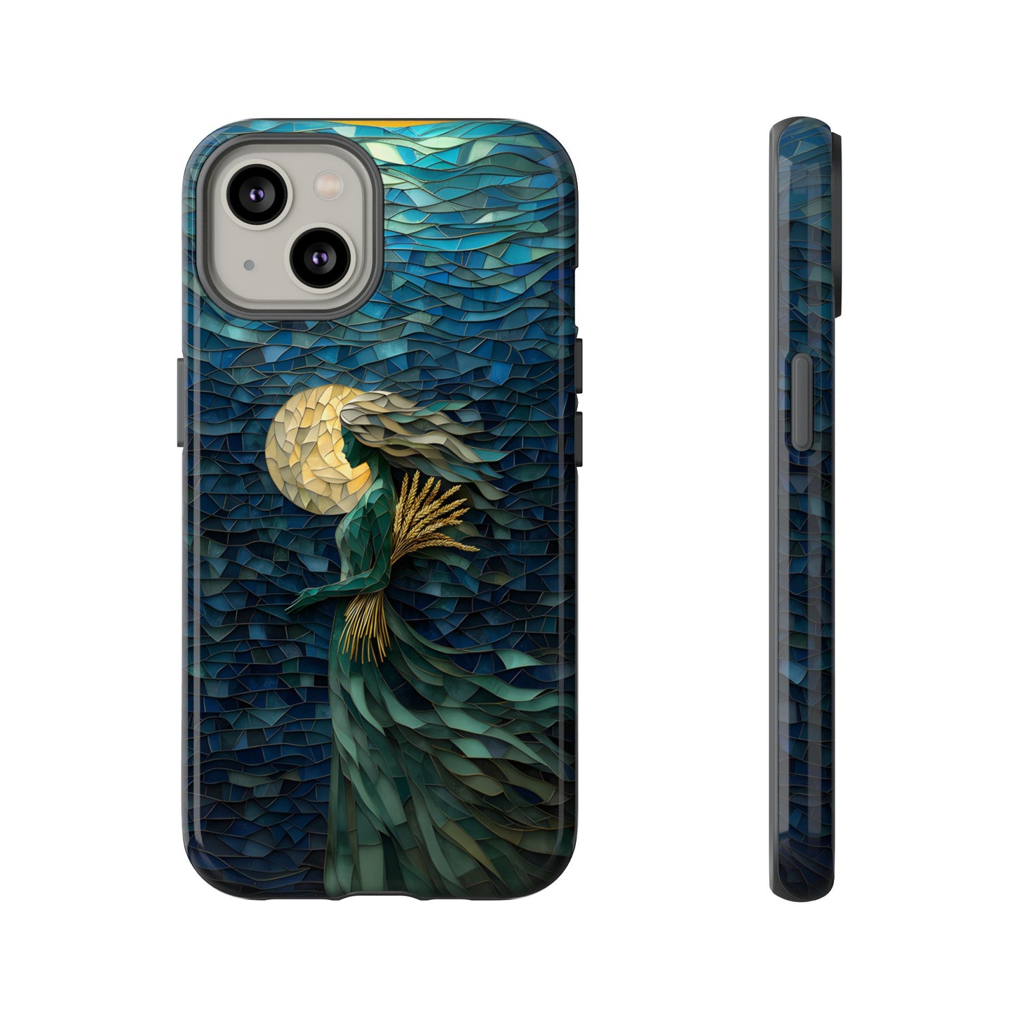 Virgo zodiac phone case featuring an elegant flowing maiden crafted from layered blue and gold artwork, symbolizing wisdom, grace, and attention to detail.