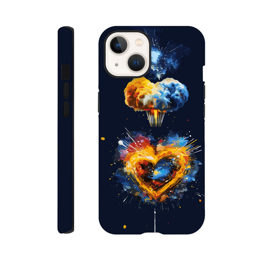 An Apple iPhone 13 Phone Case with the following design on it - heart shaped milky way galaxy with a nuclear mushroom cloud emanating from the heart, pop art, royal blue, yellow, white, silver, black, orange