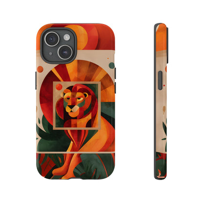 Vibrant Leo zodiac phone case featuring a majestic geometric lion surrounded by warm orange and red hues, capturing the bold, confident spirit of the Leo star sign.