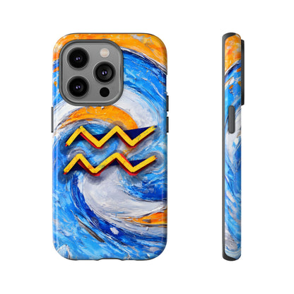 Aquarius zodiac phone case featuring vibrant blue swirling artwork, orange accents, and a bold Aquarius symbol on a protective glossy phone case.