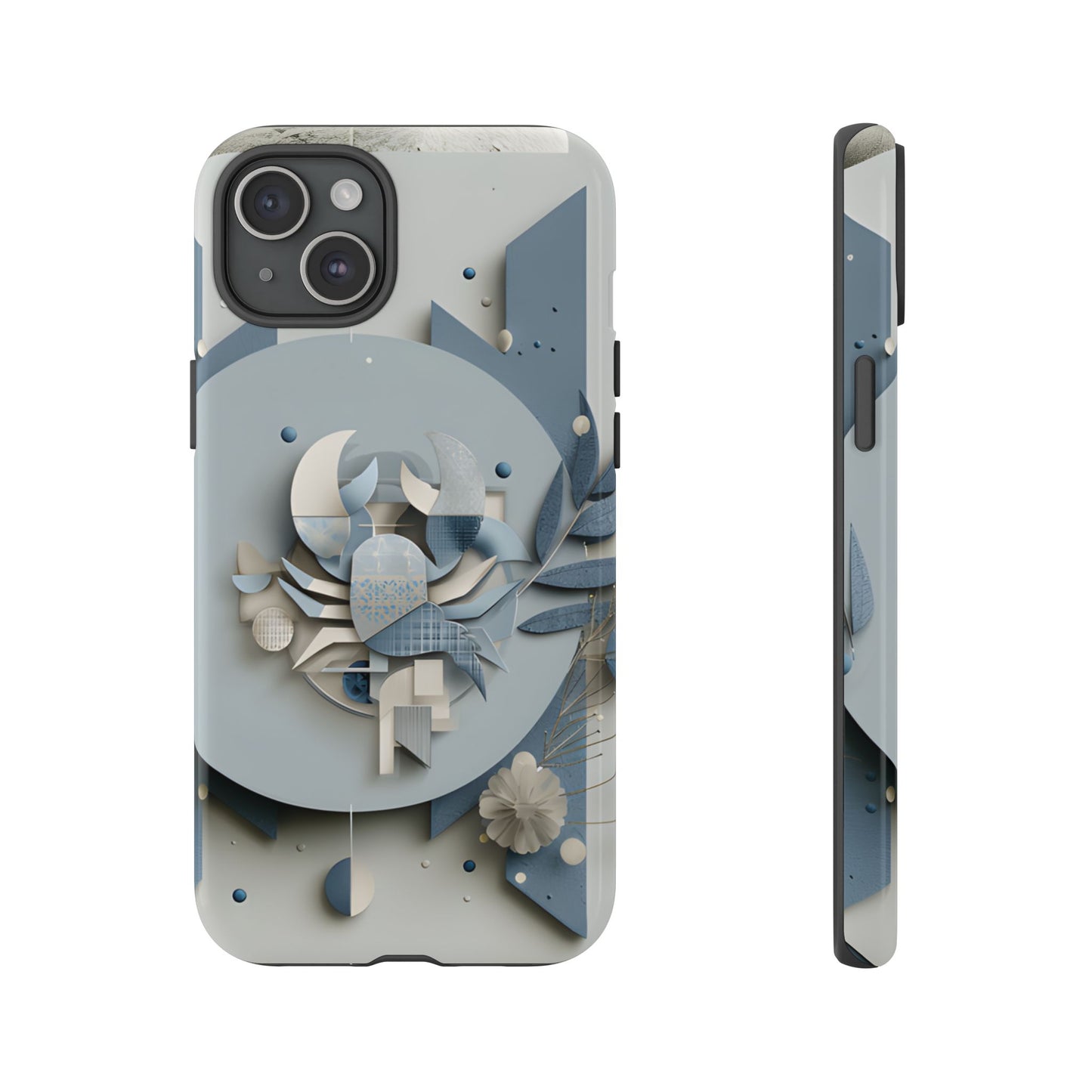 Cancer zodiac phone case featuring a stylized crab design, layered blue-gray artwork, and elegant geometric details on a protective glossy phone case.