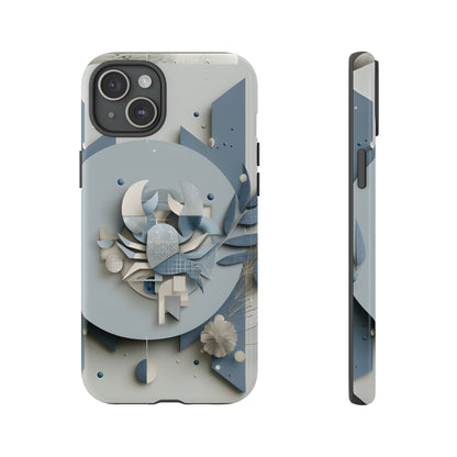 Cancer zodiac phone case featuring a stylized crab design, layered blue-gray artwork, and elegant geometric details on a protective glossy phone case.