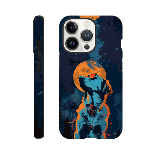 An Apple iPhone 13 Pro Phone Case with the following design on it - A golden retriever dog with the moon behind it in a blue and orange color scheme, a night forest background, flat vector art with dark blue and light amber colors, a cyberpunk aesthetic