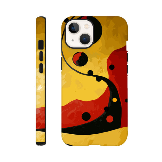 An Apple iPhone 13 Phone Case with the following design on it - Abstract painting of yellow, red and black dots on the wall in an art deco style. The background is a dark gradient from light to deep yellow. In the foreground there's a swirl with three circles that resemble multiple shapes within each other, giving it depth. It has organic curves but also geometric elements.