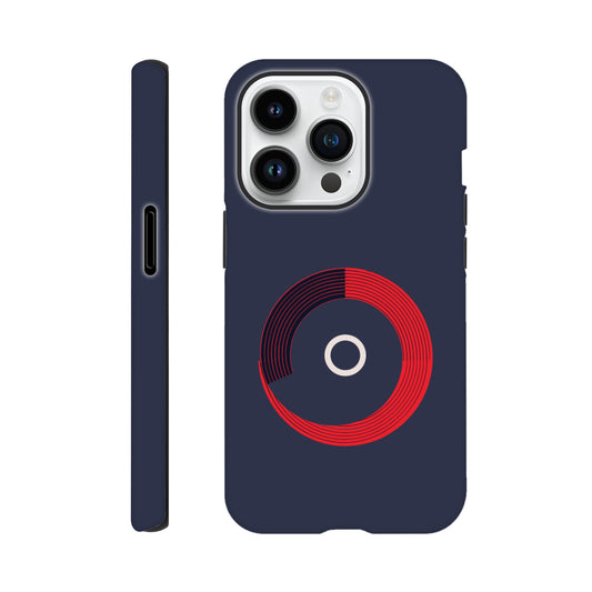 An Apple iPhone 14 Pro  Phone Case with the following design on it: a red circle with black curved lines in the circle that make it look like bleachers from above on a navy blue background, there is a white letter circle in the center, a sleek and modern appearance, subtle gradients for depth effect
