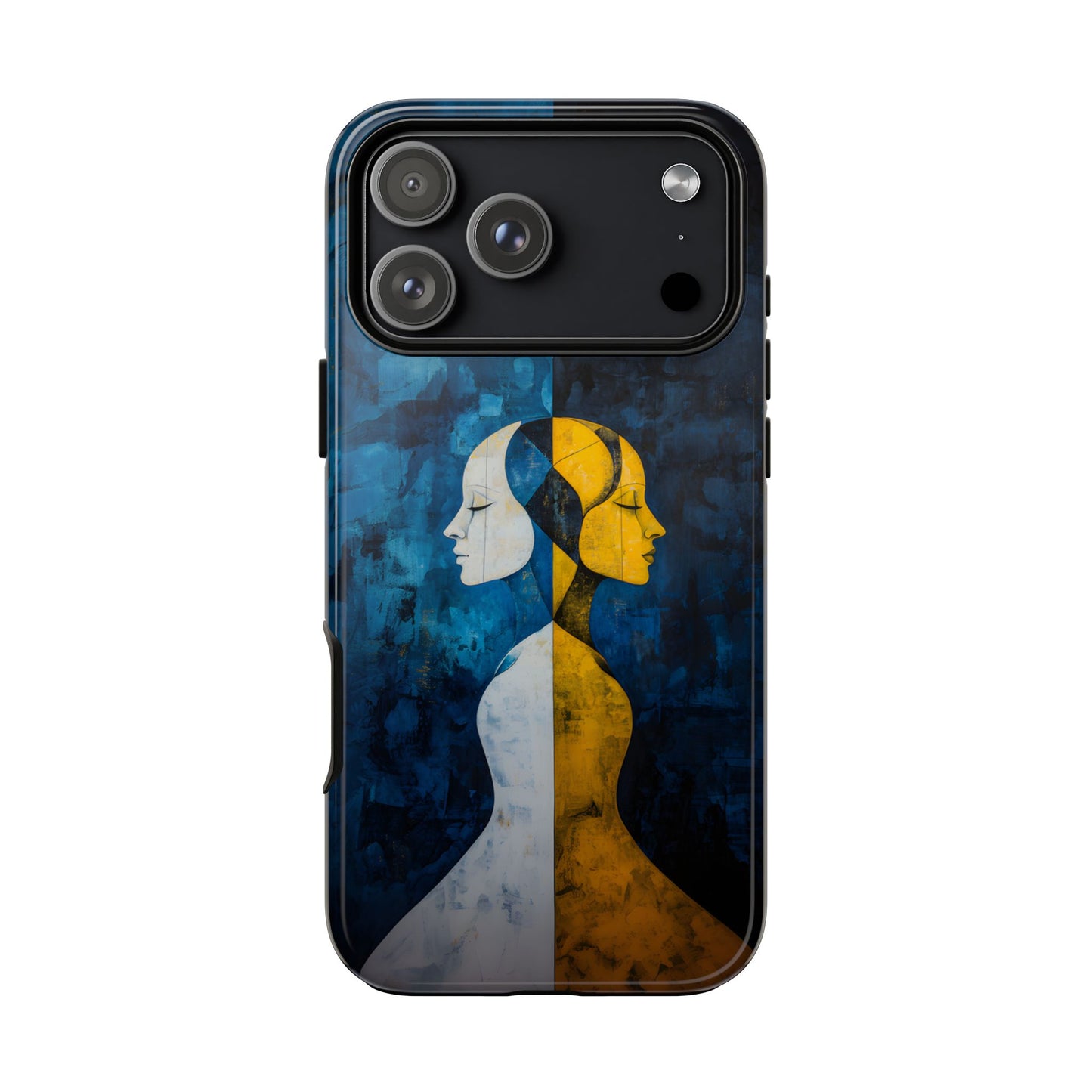 Gemini zodiac phone case featuring stylized twin figures rendered in gold and ivory against a richly textured midnight blue background, symbolizing the dual nature of Gemini.