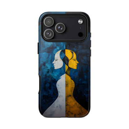 Gemini zodiac phone case featuring stylized twin figures rendered in gold and ivory against a richly textured midnight blue background, symbolizing the dual nature of Gemini.