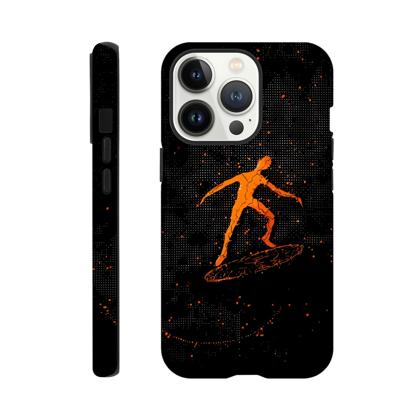 An Apple iPhone 13 Pro Phone Case with the following design on it : orange glowing silhouette of a male surfer against a black background, in the style of digital art, dark orange and light amber, pointillist dot paintings, high resolution, symmetrical grid-like patterns, minimalist figures, glitched edges