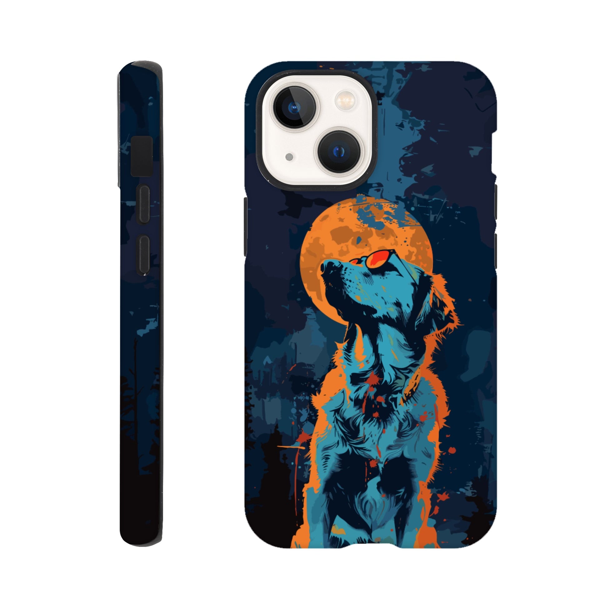 An Apple iPhone 13 Mini Phone Case with the following design on it - A golden retriever dog with the moon behind it in a blue and orange color scheme, a night forest background, flat vector art with dark blue and light amber colors, a cyberpunk aesthetic