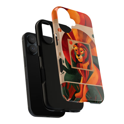 Vibrant Leo zodiac phone case featuring a majestic geometric lion surrounded by warm orange and red hues, capturing the bold, confident spirit of the Leo star sign.