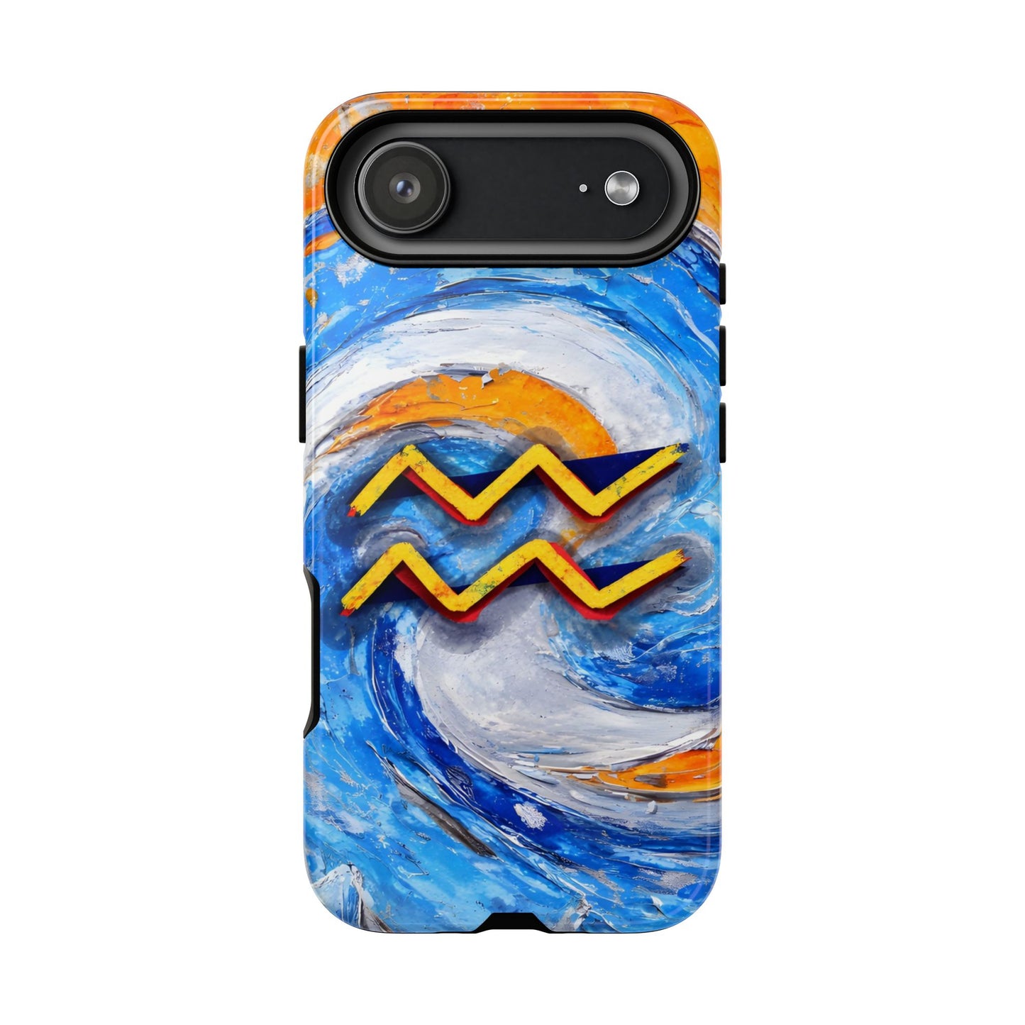 Aquarius zodiac phone case featuring vibrant blue swirling artwork, orange accents, and a bold Aquarius symbol on a protective glossy phone case.