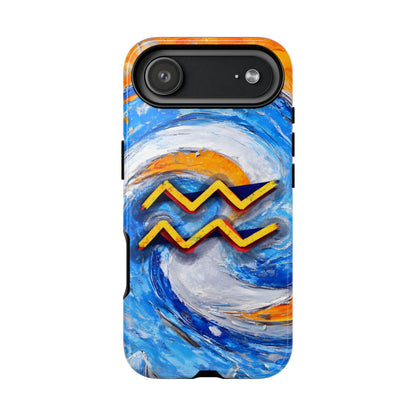 Aquarius zodiac phone case featuring vibrant blue swirling artwork, orange accents, and a bold Aquarius symbol on a protective glossy phone case.
