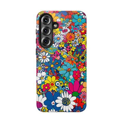 Retro Flowers phone case featuring a vibrant collage of colorful floral illustrations in a playful vintage-inspired design, celebrating creativity, joy, and timeless flower power style.