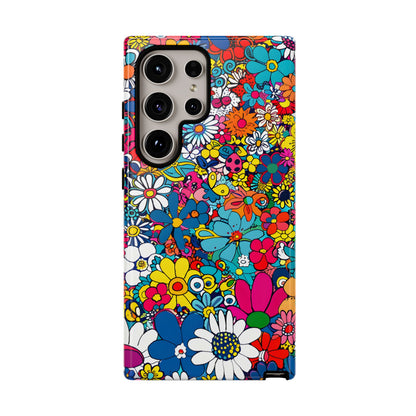 Retro Flowers phone case featuring a vibrant collage of colorful floral illustrations in a playful vintage-inspired design, celebrating creativity, joy, and timeless flower power style.