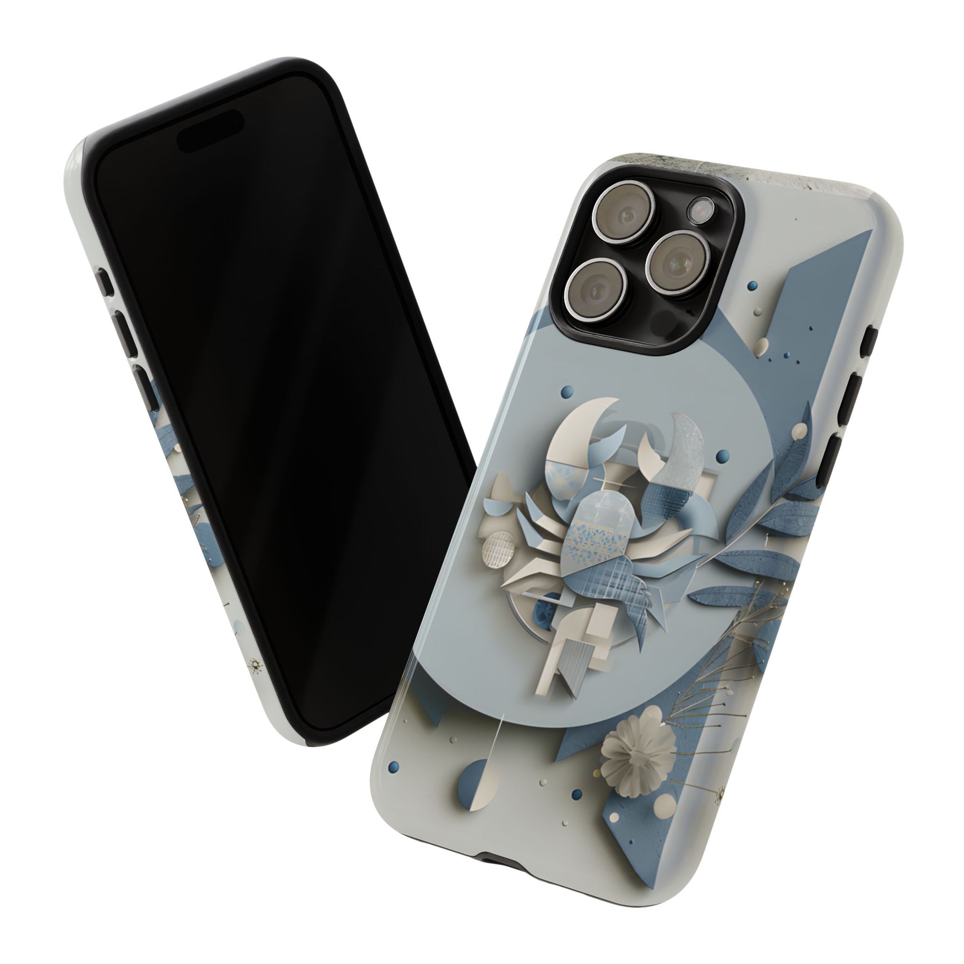 Cancer zodiac phone case featuring a stylized crab design, layered blue-gray artwork, and elegant geometric details on a protective glossy phone case.