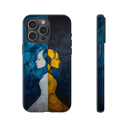 Gemini zodiac phone case featuring stylized twin figures rendered in gold and ivory against a richly textured midnight blue background, symbolizing the dual nature of Gemini.