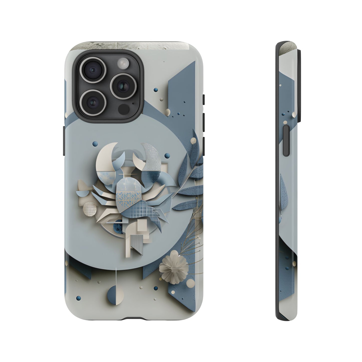 Cancer zodiac phone case featuring a stylized crab design, layered blue-gray artwork, and elegant geometric details on a protective glossy phone case.