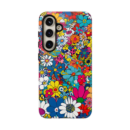 Retro Flowers phone case featuring a vibrant collage of colorful floral illustrations in a playful vintage-inspired design, celebrating creativity, joy, and timeless flower power style.