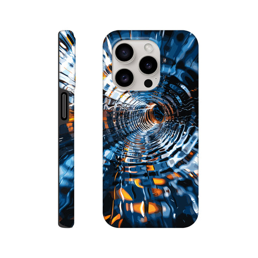 An Apple iPhone 15 Pro Phone Case with the following design on it: abstract futuristic tunnel made of chrome and glass, motion blur, dark blue background, orange highlights. The tunnel was created in the style of an abstract futuristic design using chrome and glass with a motion blur effect against a dark blue background highlighted with orange