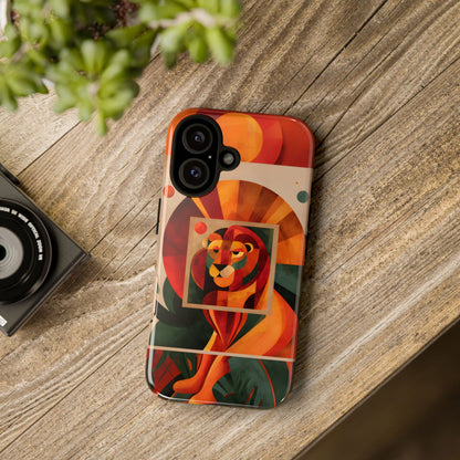 Vibrant Leo zodiac phone case featuring a majestic geometric lion surrounded by warm orange and red hues, capturing the bold, confident spirit of the Leo star sign.