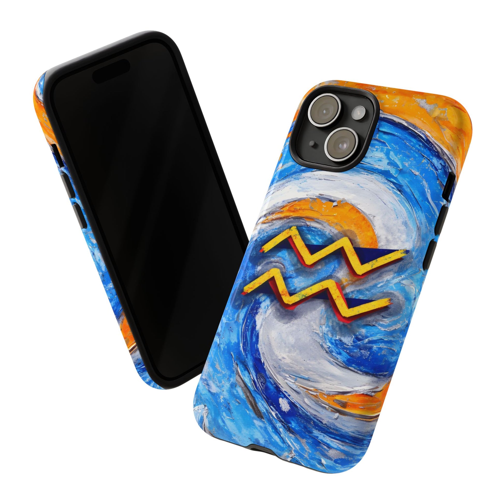 Aquarius zodiac phone case featuring vibrant blue swirling artwork, orange accents, and a bold Aquarius symbol on a protective glossy phone case.