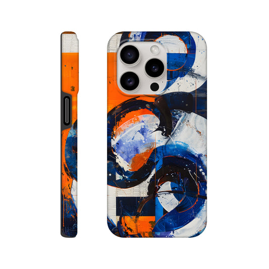 An Apple iPhone 15 Pro Phone Case with the following design on it : An abstract painting of circles and squares in orange, blue and white, with an overall sense of movement and vitality. The background is collage-like, with elements such as textures, lines, stripes, scribbles and splashes of paint, along with irregular shapes