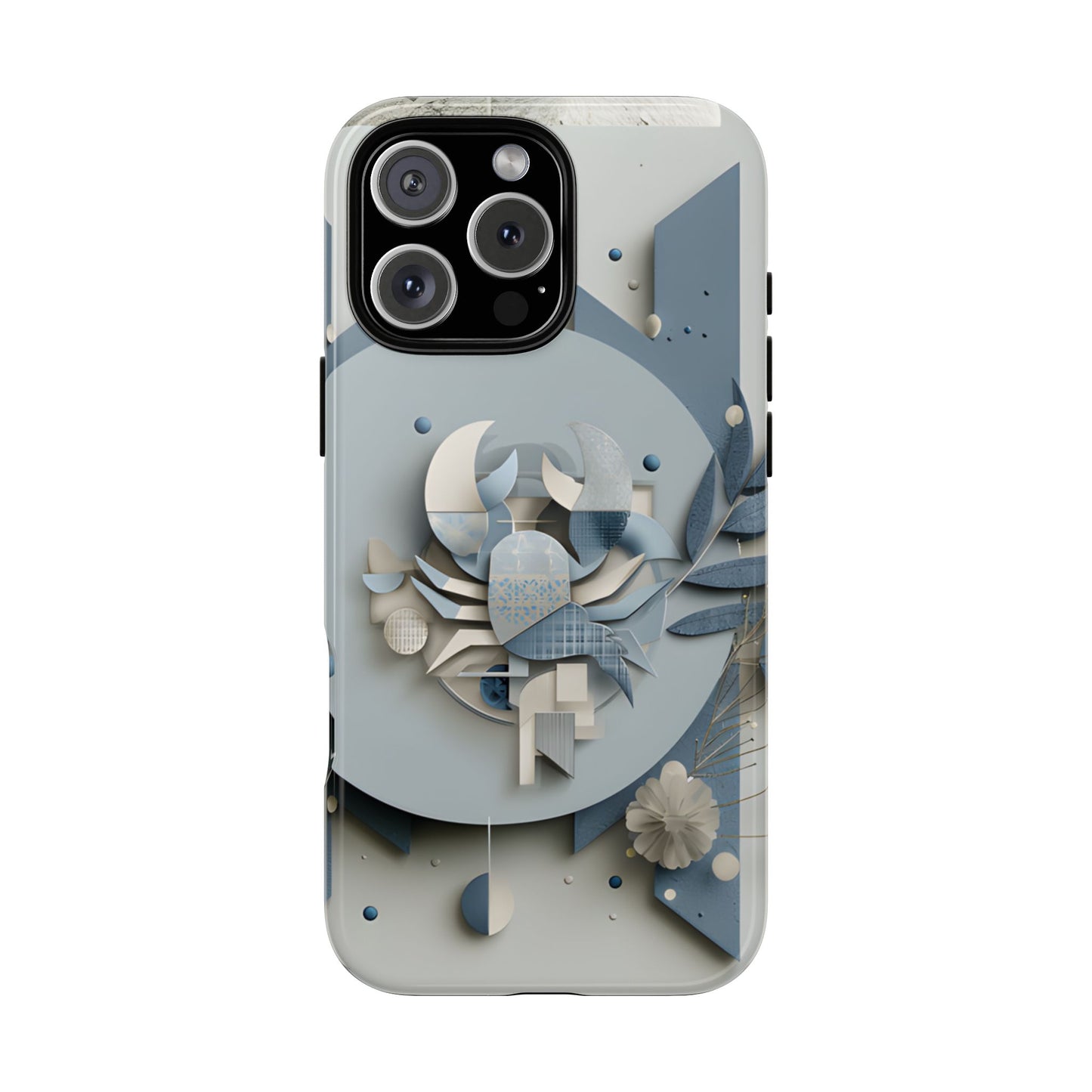Cancer zodiac phone case featuring a stylized crab design, layered blue-gray artwork, and elegant geometric details on a protective glossy phone case.
