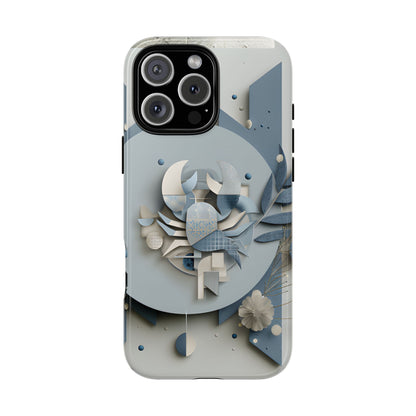 Cancer zodiac phone case featuring a stylized crab design, layered blue-gray artwork, and elegant geometric details on a protective glossy phone case.