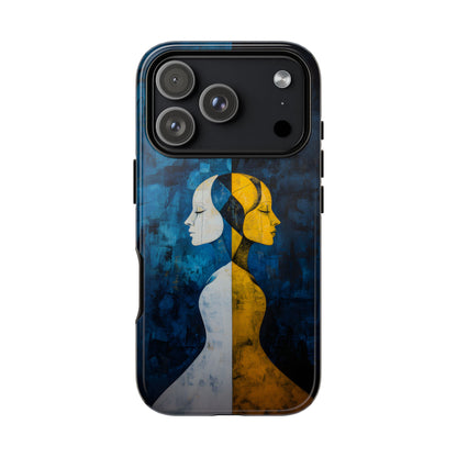 Gemini zodiac phone case featuring stylized twin figures rendered in gold and ivory against a richly textured midnight blue background, symbolizing the dual nature of Gemini.