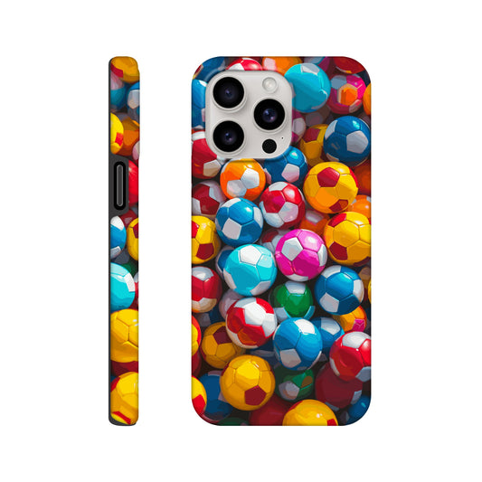 An iPhone 15 Pro Max Phone Case with the following design on it: A Kids ball pit made up of soccer balls, the soccer balls are of a variety of colors, fun and bright, pop art