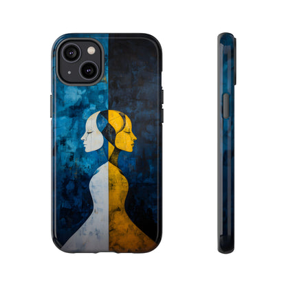Gemini zodiac phone case featuring stylized twin figures rendered in gold and ivory against a richly textured midnight blue background, symbolizing the dual nature of Gemini.