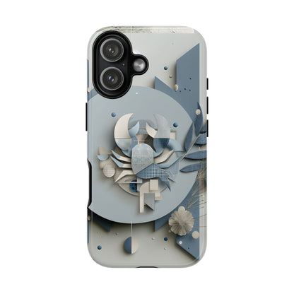 Cancer zodiac phone case featuring a stylized crab design, layered blue-gray artwork, and elegant geometric details on a protective glossy phone case.