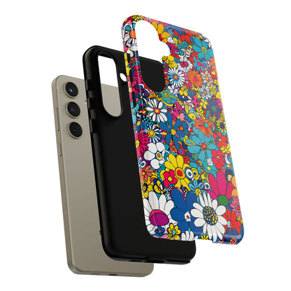 Retro Flowers phone case featuring a vibrant collage of colorful floral illustrations in a playful vintage-inspired design, celebrating creativity, joy, and timeless flower power style.