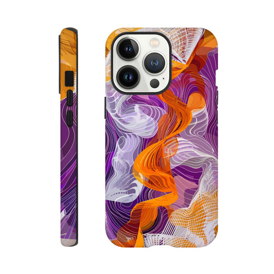 An Apple iPhone 13 Pro Phone Case with the following design on it - A modern digital art piece of an abstract representation of waves and swirls, with orange and purple hues, composed from flowing lines in a white mesh pattern, creating the illusion that they flow like ribbons or threads. The background is a gradient of these colors, adding depth to the composition. This artwork symbolizes movement, fluidity, and dynamic energy through its intricate design.