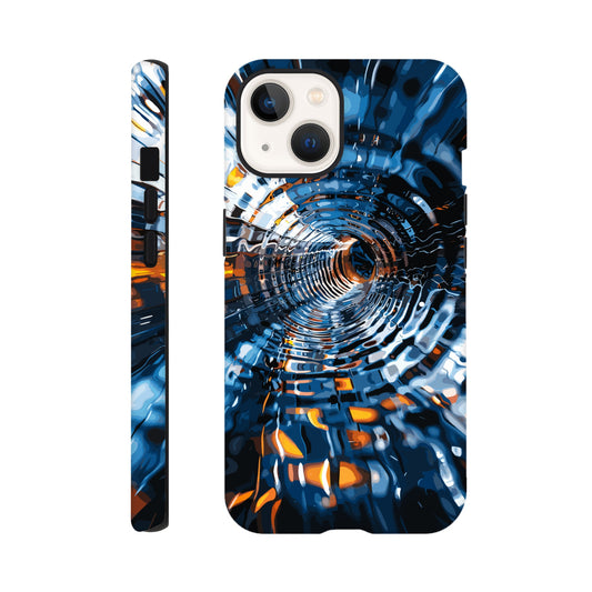 An Apple iPhone 13 Phone Case with the following design on it: abstract futuristic tunnel made of chrome and glass, motion blur, dark blue background, orange highlights. The tunnel was created in the style of an abstract futuristic design using chrome and glass with a motion blur effect against a dark blue background highlighted with orange